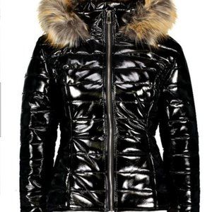 NEW!!!! Petite High Shine Faux fur black trim hooded coat